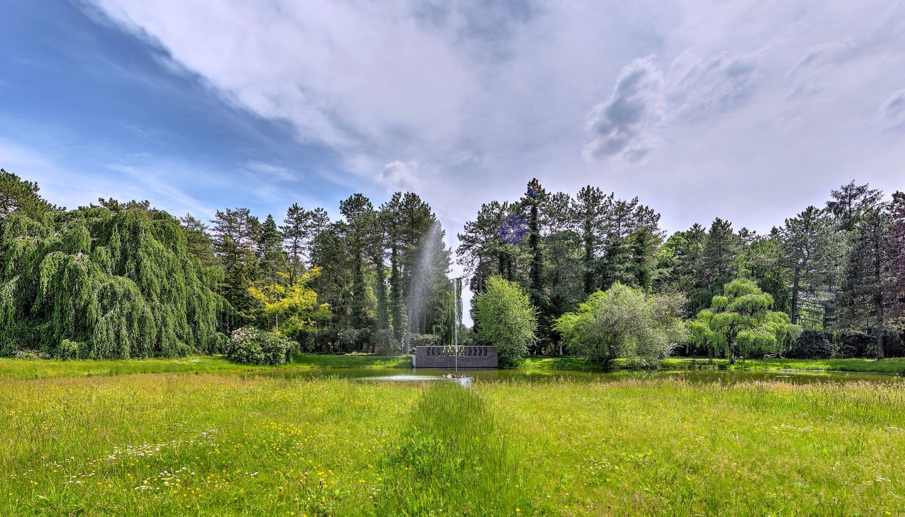Weite Parkwiese mit Teich und altem Baumbestand südlich der Kapellenanlage auf Südfriedhof Leipzig